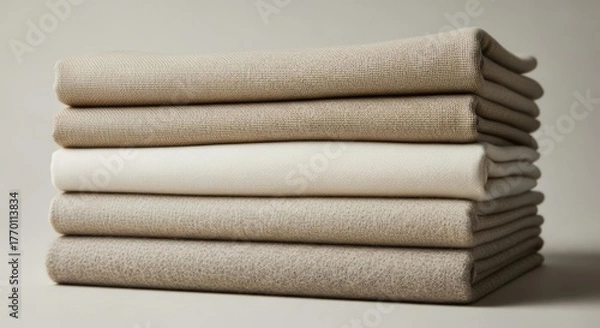 Fototapeta Neatly Stacked Beige and Cream Blankets with Varied Textures