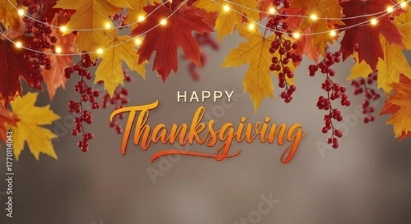 Fototapeta Happy Thanksgiving Greeting with Autumn Leaves, Berries, and String Lights