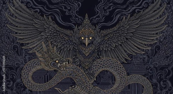 Fototapeta Powerful Mythological Bird and Dragon in Intricate Dark Illustration