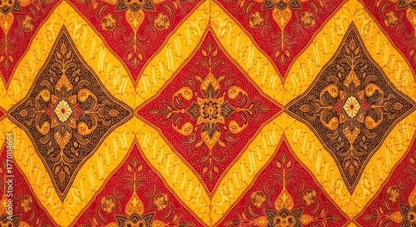 Fototapeta Vibrant Indonesian Batik Fabric with Traditional Floral and Geometric Patterns