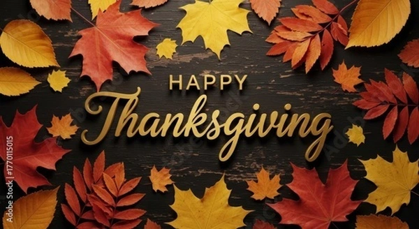 Fototapeta Golden happy Thanksgiving Text on Rustic Wood with Autumn Leaves