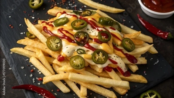 Fototapeta Closeup of loaded french fries with creamy cheese sauce, ketchup, and sliced jalapeños on a dark slate.