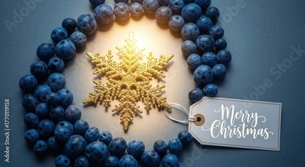 Fototapeta A gold snowflake ornament surrounded by fresh blueberries with a Christmas tag