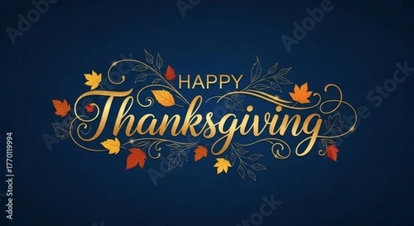 Fototapeta Elegant Happy Thanksgiving Golden Script with Autumn Leaves on Blue Background