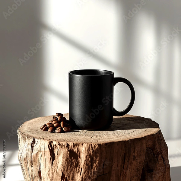 Fototapeta A sleek black coffee mug and a rich pile of aromatic beans resting on a rustic wooden stump, bathed in the soft, artistic light of the morning sun.