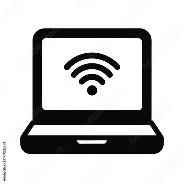 Fototapeta Simple laptop with wifi silhouette vector minimalist digital network symbol on white background