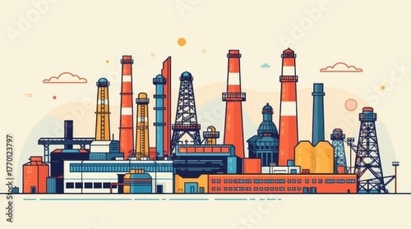 Fototapeta Bold industrial skyline illustration shows factory towers and detailed building structures with striking colors