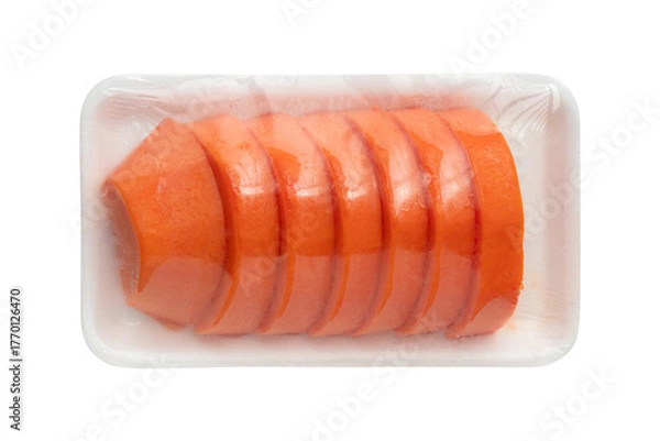 Fototapeta Freshly sliced ripe papaya pieces in plastic wrap on foam tray isolated on a transparent background