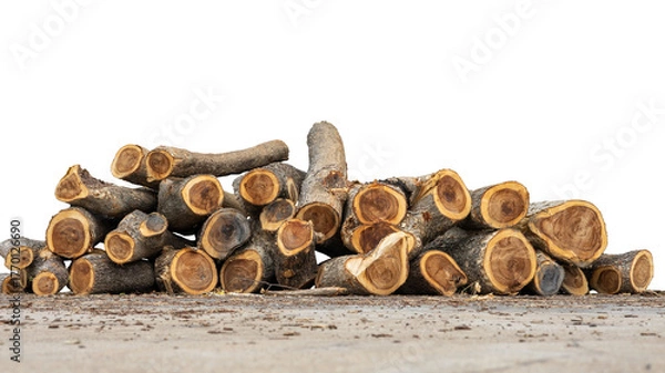Fototapeta Close-up low-angle view of large logs that have been cut down and piled on a concrete floor, commonly seen in rural Thailand.
