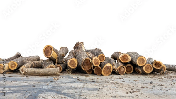 Fototapeta Close-up low-angle view of large logs that have been cut down and piled on a concrete floor, commonly seen in rural Thailand.
