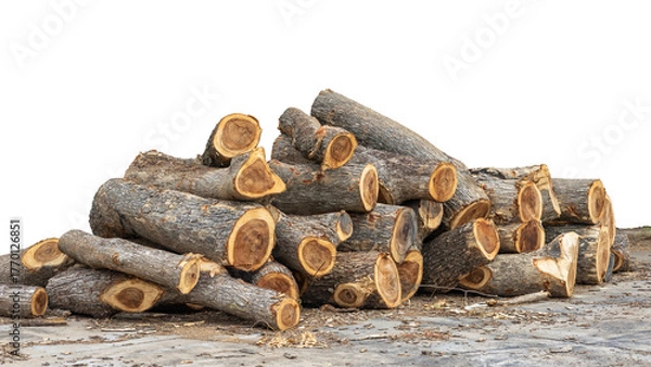 Fototapeta Close-up low-angle view of large logs that have been cut down and piled on a concrete floor, commonly seen in rural Thailand.