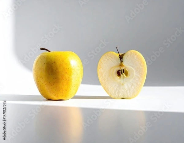 Fototapeta Two yellow apples, one whole, one half, on white surface