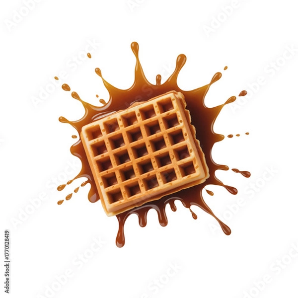 Fototapeta A golden brown waffle with a perfect grid pattern on transparent background