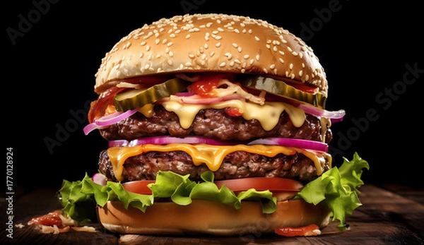 Fototapeta Mouthwatering double cheeseburger with onions, pickles, lettuce and tomatoes on a wooden table craving indulgence