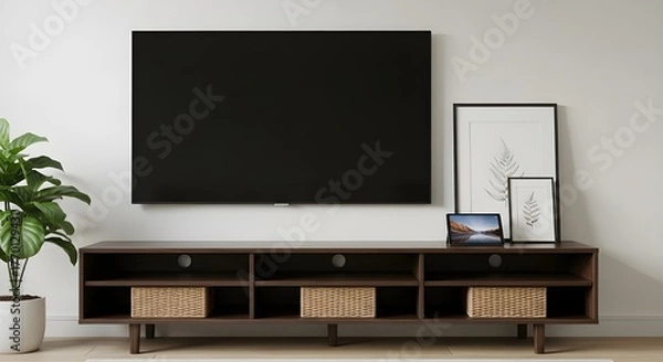 Fototapeta A contemporary living room features a dark wood entertainment console with woven baskets and a large flat-screen TV mounted above.