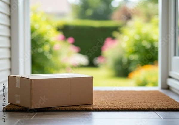 Fototapeta A cardboard box sits on a doormat at the entrance of a house, with a blurred garden in the background. The scene captures a moment of delivery in a residential setting.