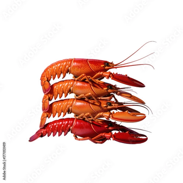 Fototapeta Four bright red cooked lobsters arranged in a vertical stack on transparent background