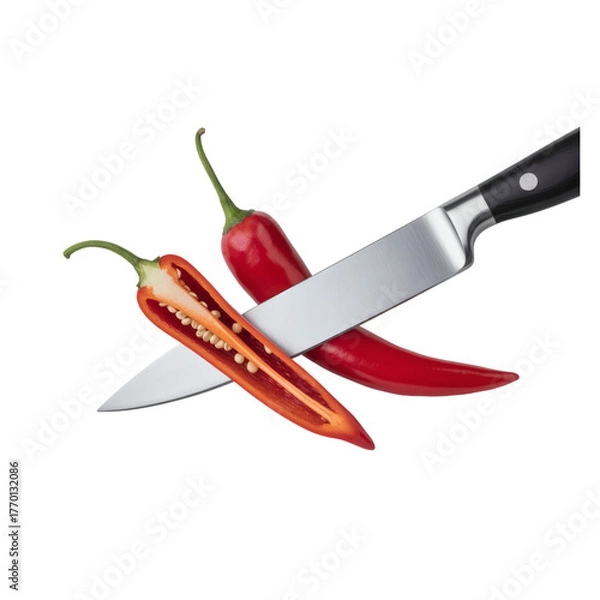 Fototapeta Two fresh red chili peppers and a silver kitchen knife on transparent background