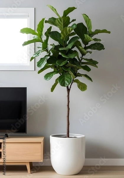 Fototapeta A large, healthy fiddle leaf fig tree stands in a white planter next to a television and wooden stand in a well-lit room.