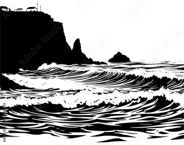 Fototapeta Black and white vector illustration of ocean waves crashing on coastline silhouette