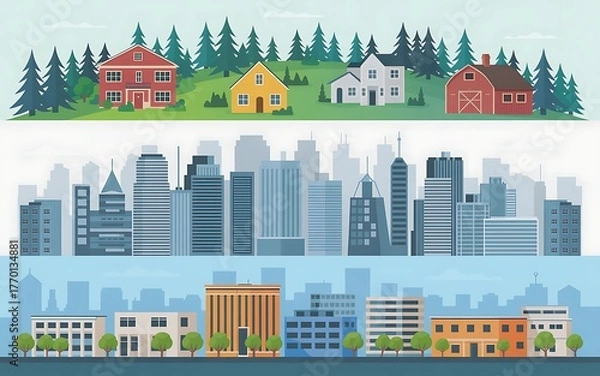 Fototapeta Three distinct cityscapes showing rural suburban and modern urban environments