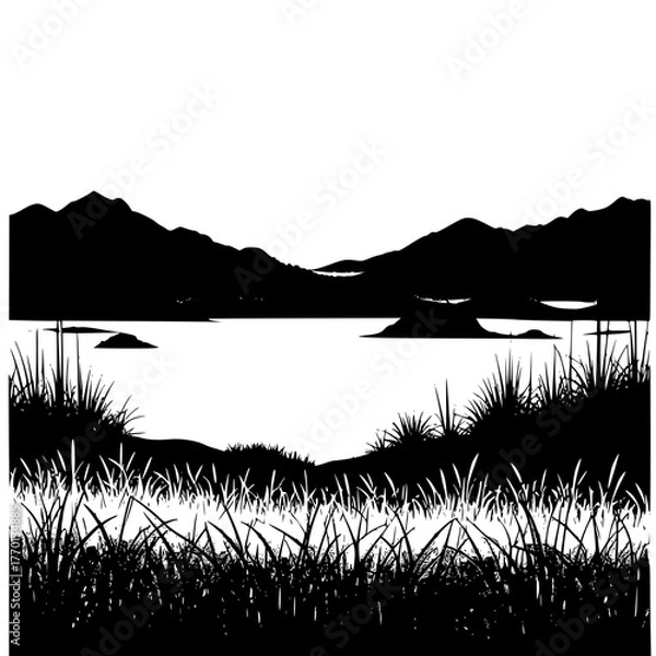 Fototapeta Black and white landscape nature scene with mountains lake and grass art silhouette