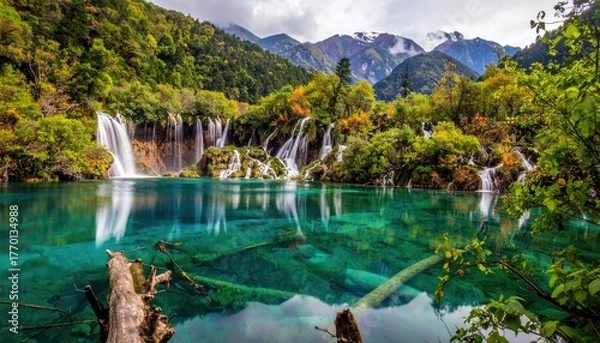 Obraz Pristine alpine lake with cascading waterfalls