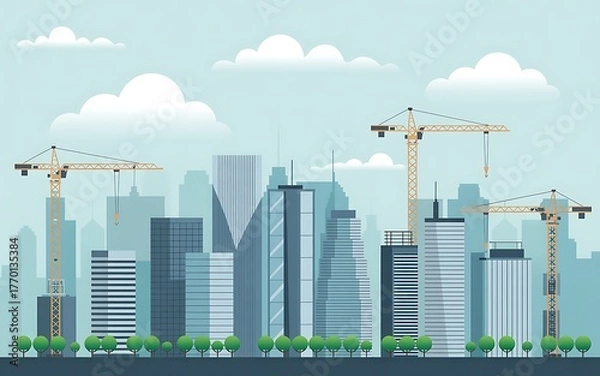 Fototapeta Modern cityscape under construction with cranes and skyscrapers