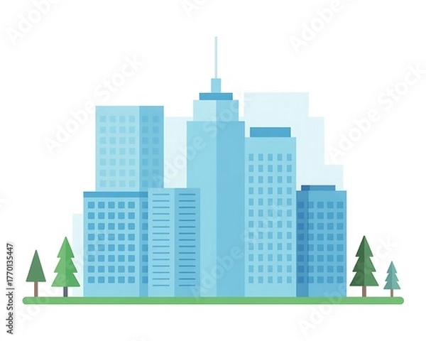 Fototapeta Modern cityscape with tall blue buildings and green trees