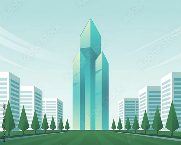 Fototapeta Modern city skyline with tall glass skyscrapers and green trees