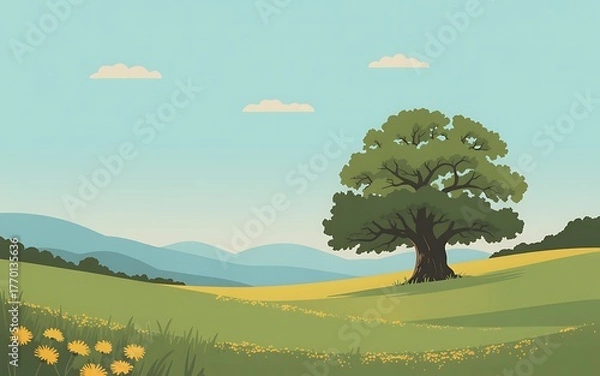 Fototapeta Idyllic countryside landscape with a large oak tree and rolling hills