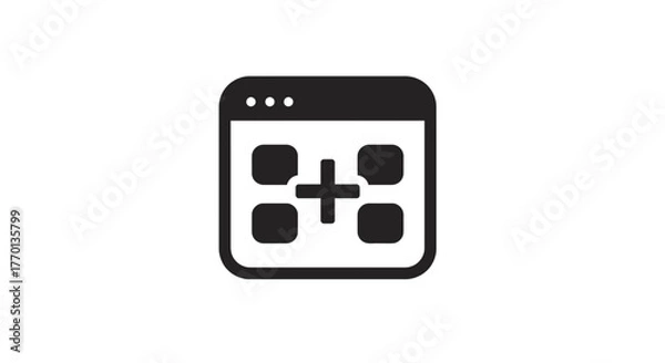 Fototapeta Black and white simple icon of a user interface window with a plus sign inside