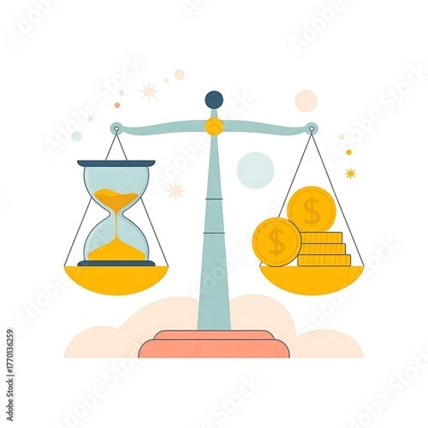 Fototapeta Hourglass and coins balanced on a scale representing time and money