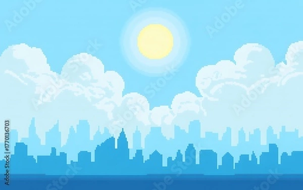 Fototapeta Bright sunny day over a blue city skyline with fluffy clouds