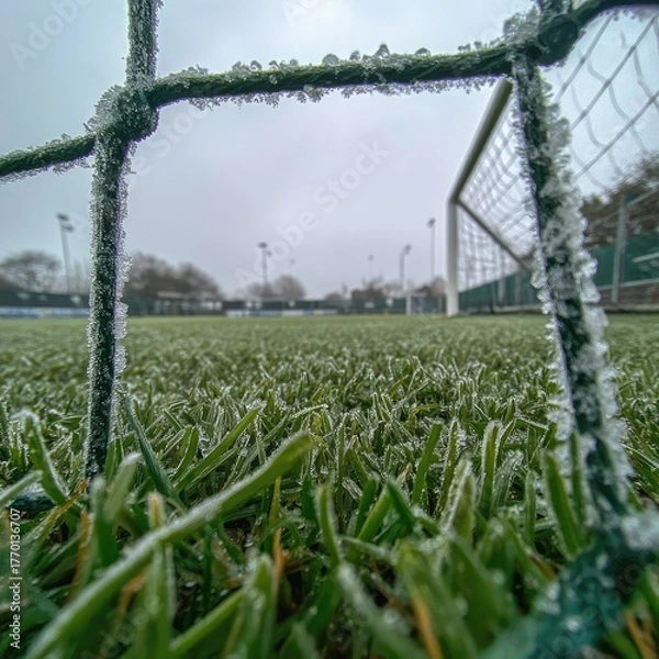 Obraz Frosty grass field viewed through a frosted fence, goal in background