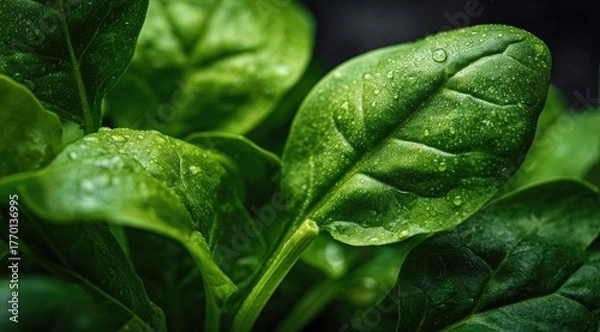 Fototapeta Close-up of vibrant green spinach leaves, glistening with water droplets