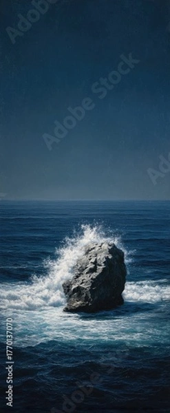 Fototapeta Solitary rock in a vast, dark ocean, waves crashing around it