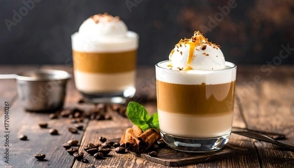 Obraz Frothy, layered beverage in glass with toppings, set on a wooden surface