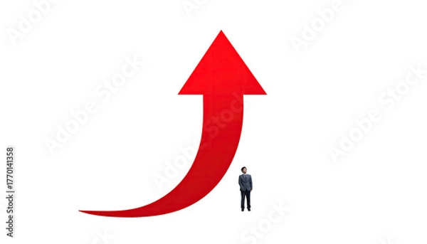 Obraz Small figure faces large curved upwards red arrow