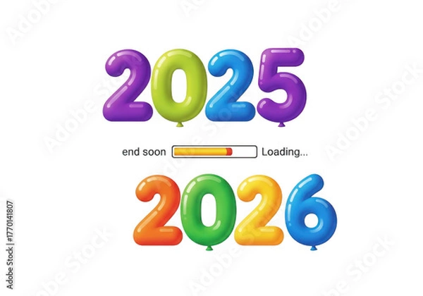 Fototapeta Loading bar with 2025 and 2026 balloon numbers isolated on transparent background a concept of the transition from one year to the next