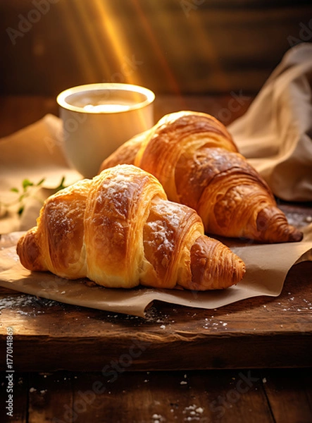 Fototapeta Golden croissants with powdered sugar grace a rustic wooden board, inviting a delightful morning indulgence