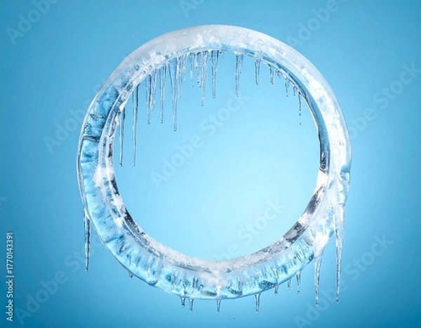Obraz Frozen circle of ice with icicles against a gradient blue background