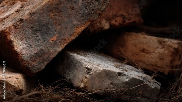 Obraz Pile of old, rusted bricks. the bricks are of different sizes and shapes, with some being larger and some being smaller.