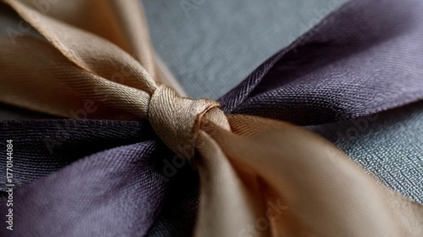 Fototapeta Close-up of a ribbon tied in a knot. the ribbon is made up of two colors - one is a light purple and the other is a darker shade of beige.