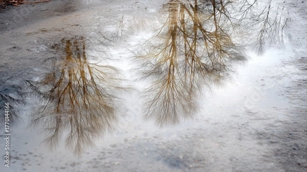 Obraz Close-up of a puddle of water on a concrete surface. the water is still and reflects the trees and the sky, creating a mirror-like effect.