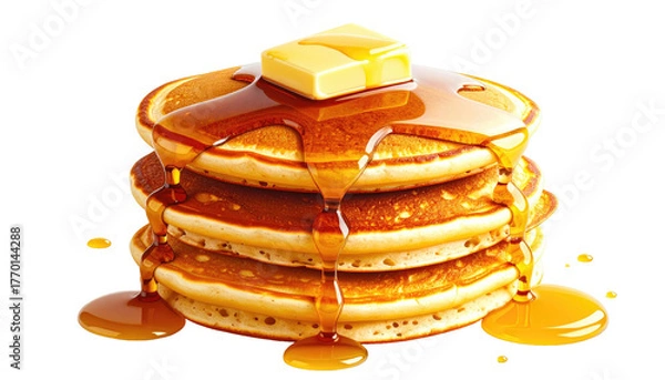 Fototapeta Stacked pancakes, butter melting with syrup, golden brown