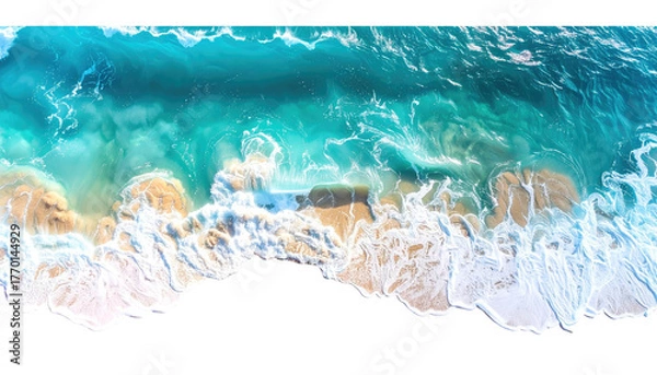 Fototapeta Beach meets ocean, turquoise waves crash on soft tan sand