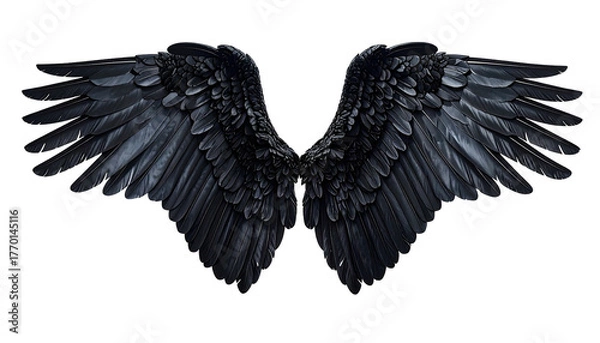 Fototapeta Spread dark wings detailed with intricate feathers, against black