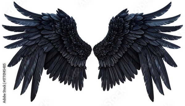 Fototapeta Detailed dark bird wings spread wide against black backdrop