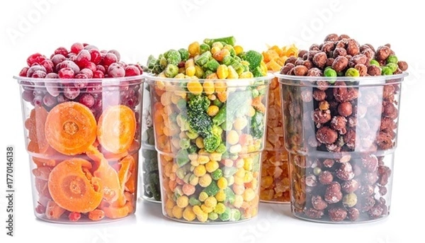 Obraz Frozen colorful mixed vegetables and berries in transparent containers